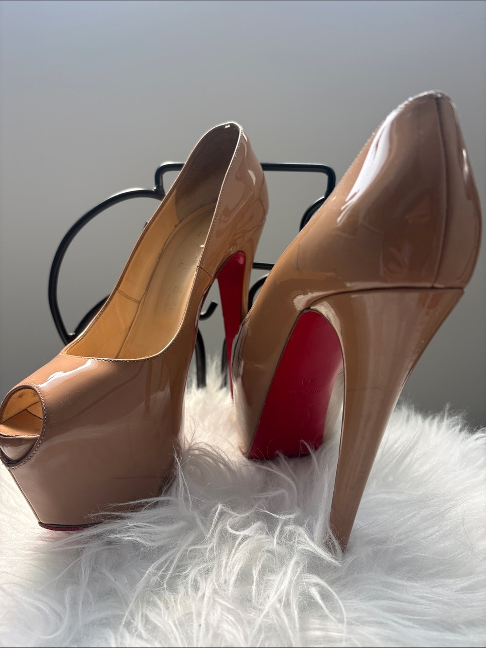 Christian Louboutin Nude Patent Peep-Toe Platforms with Red Soles